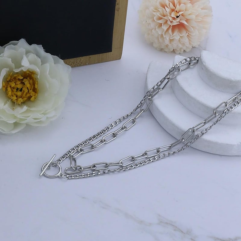 ANGLEQUEEN Chunky Silver Necklaces for Women Silver Layered Pirate Necklaces Punk 8090s Hip Hop Cuban Link Chain Necklace Layered Choker Necklace Pirate Prom Jewelry Freaknik Outfit Accessories - Image 5